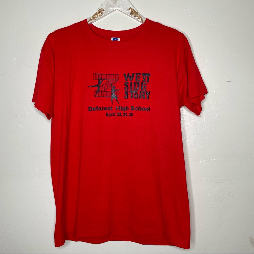 VINTAGE 90s WEST SIDE STORY DEFOREST HIGH SCHOOL RED SINGLE STITCH SHIRT SZ L